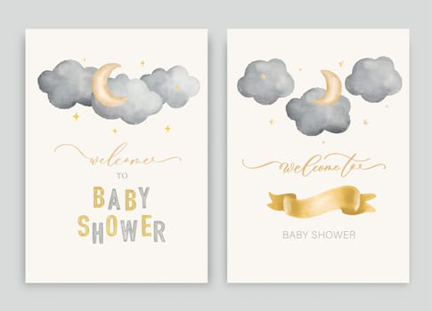 Cute baby shower watercolor invitation card for baby and kids new born celebration. With clouds, moon, stars, teddy bear and calligraphy inscription