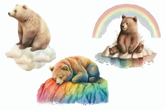 Set of a bear on a cloud, a bear on a rainbow in 3d style. Isolated vector illustration