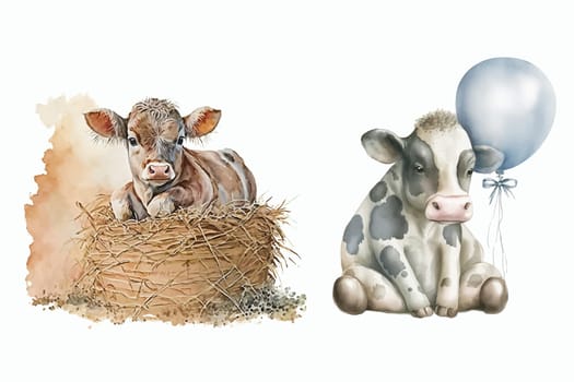 Cow on a haystack, cow with a balloon in 3d style. Isolated vector illustration