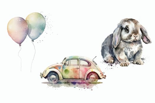 Sei from car, rabbit and balloons in 3d style. Isolated vector illustration
