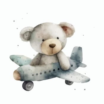 The bear is flying on a plane in 3d style. Isolated vector illustration