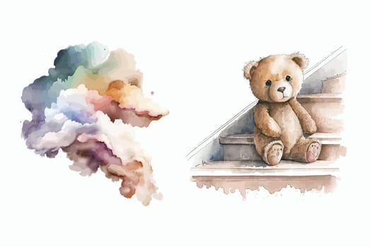 Set of bear on stairs and cloud in 3d style. Isolated vector illustration