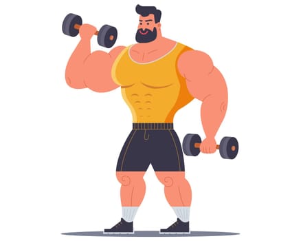 a big pumped-up man lifts dumbbells. classes in a sports club. pumping muscles