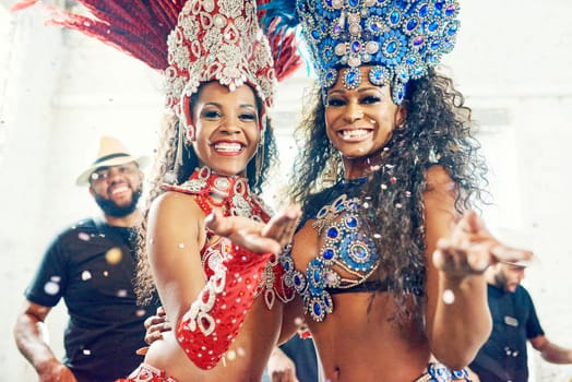 Black women, samba dance and carnival party in Brazil for dancing festival, music event show and crazy new year celebration. Rio De Janeiro, happy face smile and portrait of latin Brazilian culture