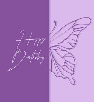 Happy Birthday card with butterfly silhouette, lilac and purple colors.