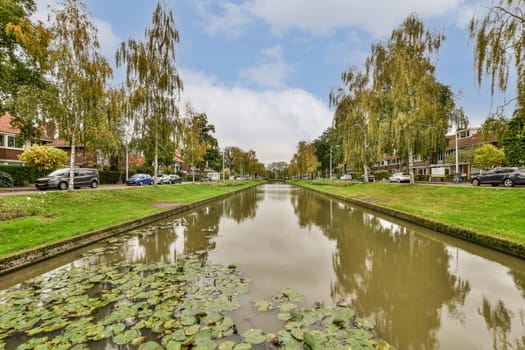 Amsterdam, Netherlands - 10 April, 2021: a canal with water lillies in the fore and houses on the other side, all surrounded by leafy trees