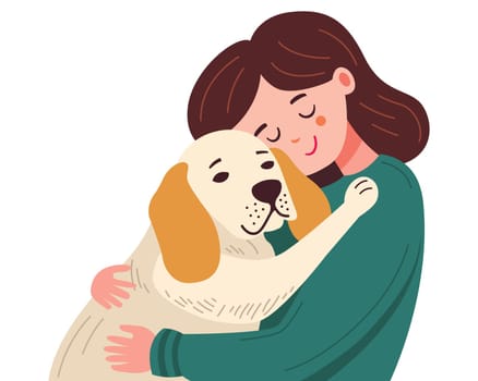 cute girl happily hugs her dog