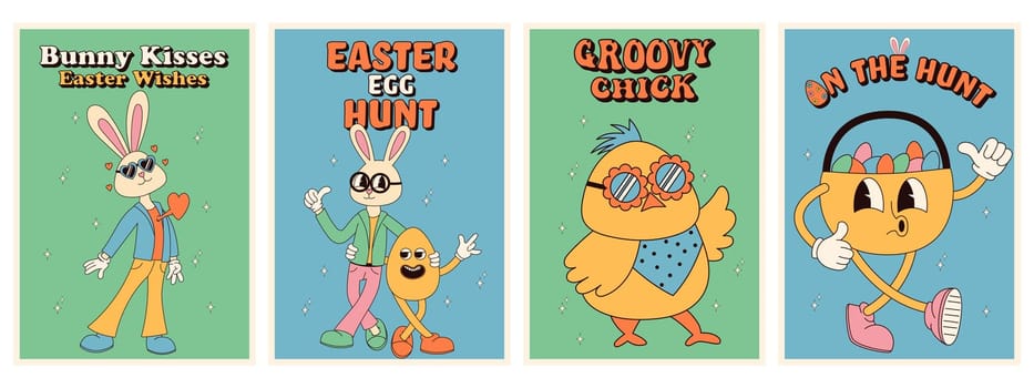 Groovy hippie Happy Easter posters. Easter eggs, bunny, chicks. Vector card in trendy retro 60s 70s cartoon style.