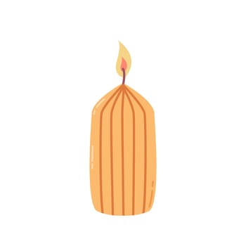 Lit orange candle on white background, vector flat illustration
