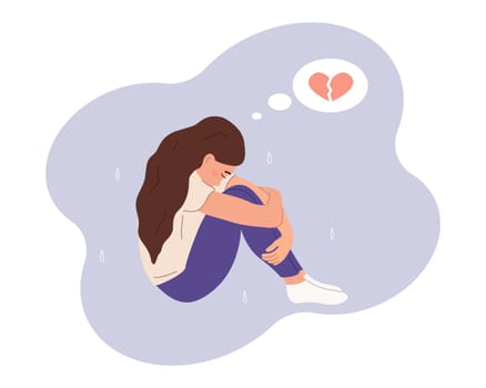 The concept of unrequited love, the broken heart of teenager. Sad girl is sitting hugging her knees. Vector flat illustration
