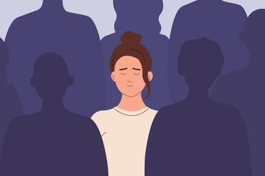 Sad unhappy woman among crowd of people feels lonely. Depression, problems with communication, friends, isolation. Vector flat illustration