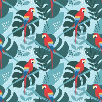 Macaw parrot on branch with tropical exotic plants, vector seamless pattern