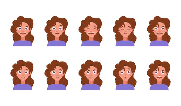 Set of different female emotions, collection of feelings of girl. Vector flat illustration