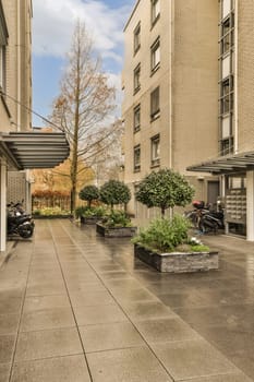 the courtyard of an apartment building with trees and plants