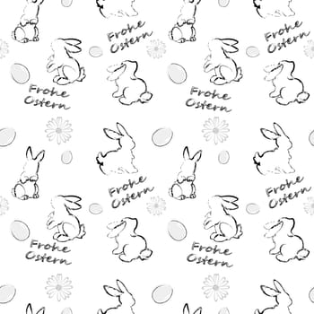 Seamless pattern with Easter bunnies, eggs, flowers and an inscription in German on a white background. Translation: Happy Easter. The concept of the arrival of spring, Easter. Vector image