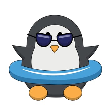 Cute Penguin in sunglasses with inflatable ring in color