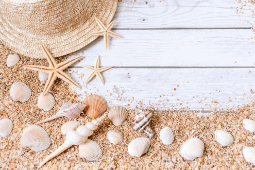 Sand seashells background. Summer time concept with sea shells and starfish on wooden background and sand