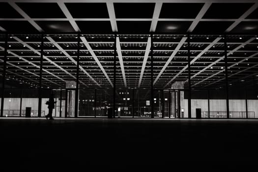 Greyscale shot of the Neue Nationalgalerie museum in Berlin, Germany
