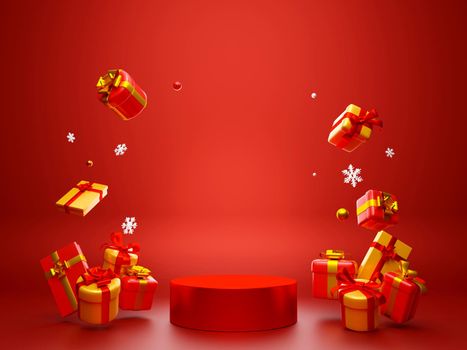 Christmas theme geometric podium with presents, 3d illustration