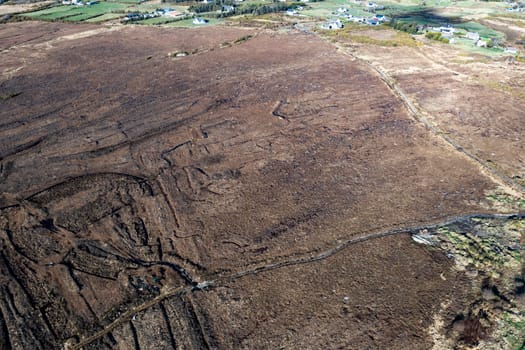 Aerial view of peatbog at Gortahork in County Donegal, Republic of Ireland