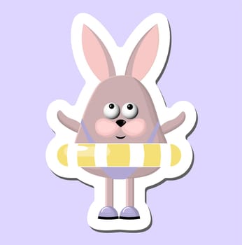 Cheerful funny rabbit on the beach. Bunny with a swim ring. spring sticker.