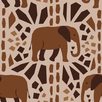 Vector seamless pattern with stylized ethnic ornament in earth colors with elephants