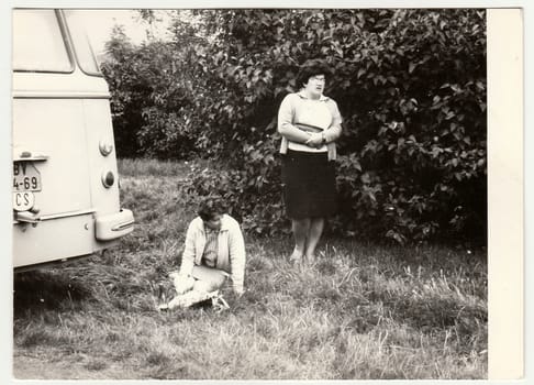 THE CZECHOSLOVAK SOCIALIST REPUBLIC - CIRCA 1970s: Vintage photo shows women have a rest during long bus trip.
