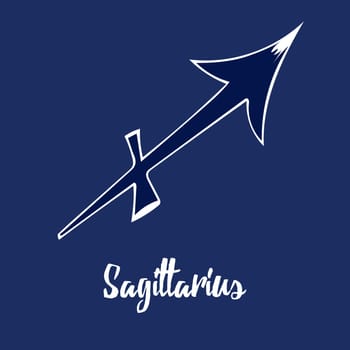 Hand drawn Zodiak signs. Blue sagittarius zodiac icons on a blue background. Astrological symbols of the zodiac. Vedic astrology