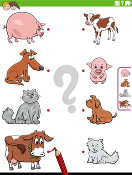 Cartoon illustration of educational matching game with animal characters and their babies