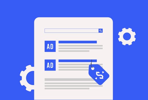 Cost per click advertising automation. Search engine window with contextual text ads, price tag icon with dollar and arrows. AI-based pricing concept for online advertising and cpc marketing visuals
