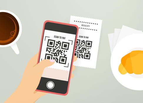 QR code payment concept. Hand holding smartphone that scans QR code on check for contactless payment in cafe. Convenience and speed of mobile payments. Suitable for e-commerce and finance visuals