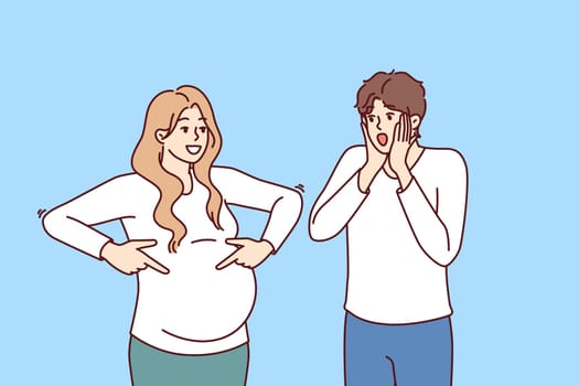 Shocked man is surprised to see pregnant woman and does not want to become father