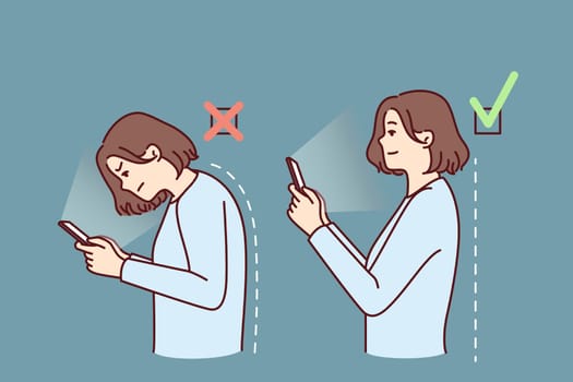 Girl with mobile phone demonstrates correct and incorrect posture while using applications