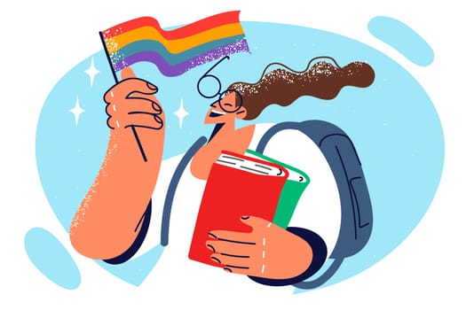 Woman with backpack and textbooks holds LGBT flag advocating for tolerance and transgender rights