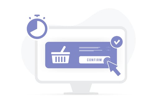 Speed Up Checkout concept. Improving ecommerce conversion digital marketing strategy. Fast checkout experiences illustration with basket, stopwatch and cursor clicking on button to complete the order