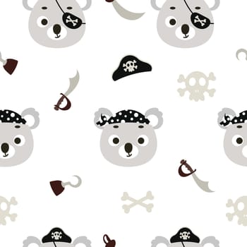 Cute little pirate koala head seamless childish pattern. Funny cartoon animal character for fabric, wrapping, textile, wallpaper, apparel. Vector illustration