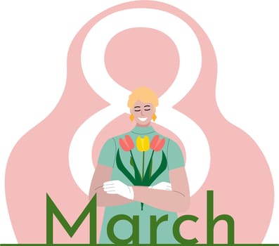 International Womens Day. Vector illustration of happy smiling blonde hair woman standing with flowers, tulips.