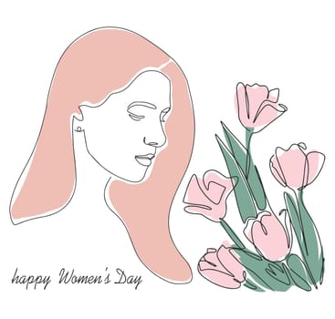 Banner postcard with International Women's Day. Illustration of a tender girl with tulips. Continuous drawing with one line