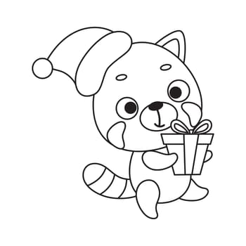 Coloring page cute little red panda carries gift box. Coloring book for kids. Educational activity for preschool years kids and toddlers with cute animal. Vector stock illustration