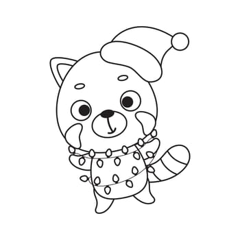 Coloring page cute Christmas red panda with garland. Coloring book for kids. Educational activity for preschool years kids and toddlers with cute animal. Vector stock illustration