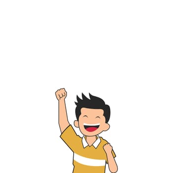 Happy Boy Drawing Celebrating Success and Win. Cheerful Man Enjoying Accomplishment With Raising Fist in the Air.