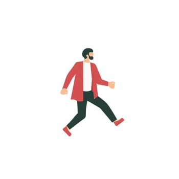Man in fancy clothing moving fast and dancing down the way. Young man with beard doing exercises on the go. Illustration of physical activity