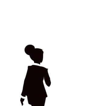 Businesswoman in suit standing her back to front. Black plain silhouette of teacher walking away with hand on heart.