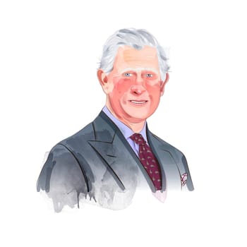 London, United Kingdom - 01 March 2023: Charles III King of the United Kingdom watercolour vector portrait. Prince of Wales wearing grey costume.