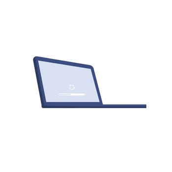 Laptop with important information on the screen. Man typing main message. People whatching on monitor. Single bright colored object on white background.