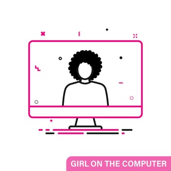 Woman on the computer. Line flat icon