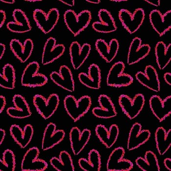 Textured hearts vector seamless pattern on black