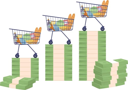 Shopping carts standing on banknotes stack flat concept vector spot illustration