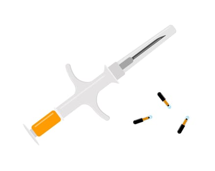 Pet microchips with syringe isolated on white background. Microchipping for dogs, cats and cattle. Animals permanent identification, ID, RFID technology. Vector flat illustration.