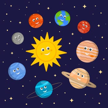 Solar system for kids. Cute sun and planets characters in cartoon style on dark space background. Vector illustration for kindergarten and school science education.